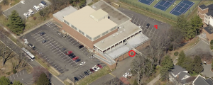 Photo indicating location of Buildings & Grounds office on the ground level of the RAD Center